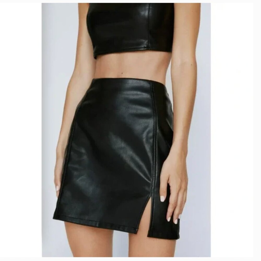 Women US-12 Nasty Gal Faux Leather Black Split Mini Short Zip Back Skirt NWT